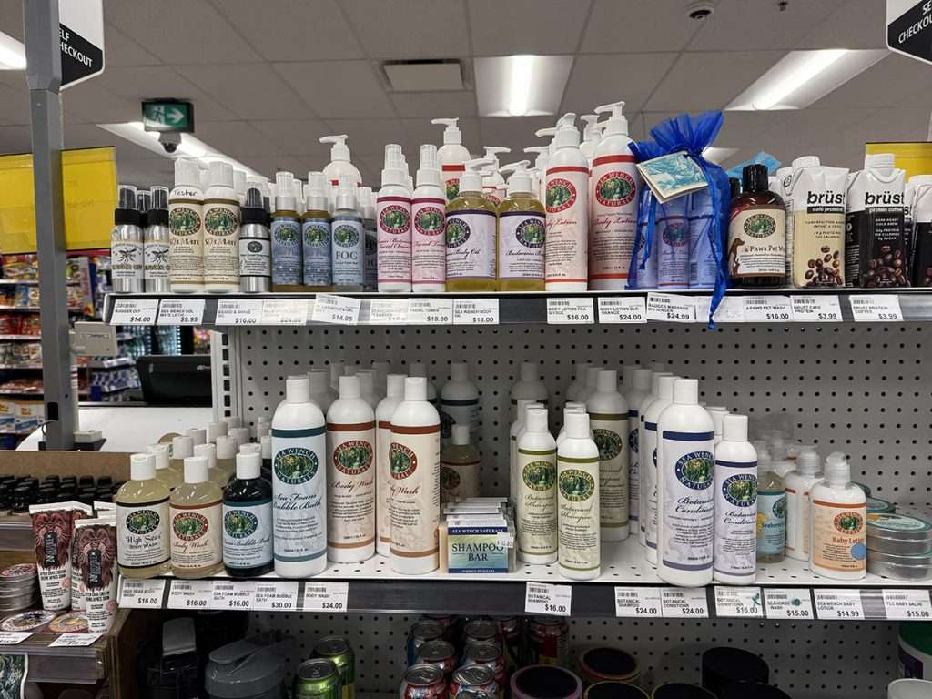 Locally made tofino soap, lotion, shampoo and body care products from sea wench on a shelf