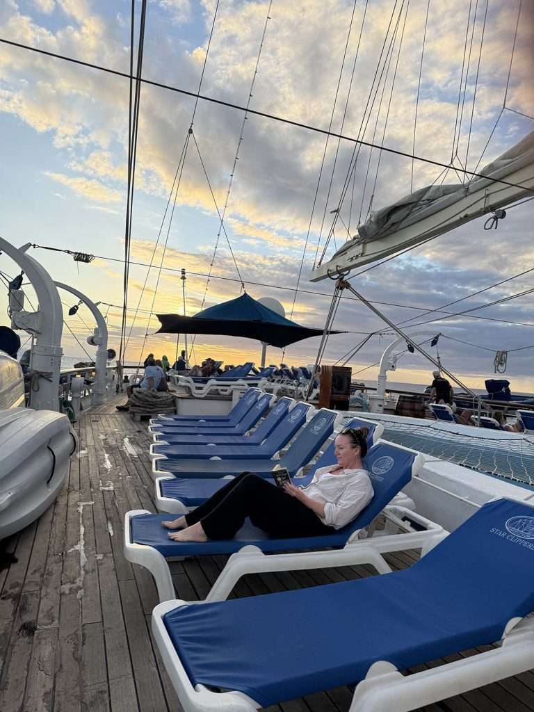 relaxing on the sun deck at sunset
