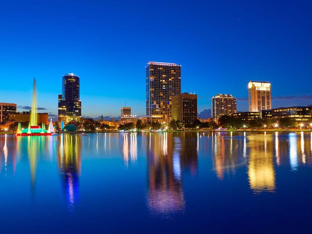 Orlando skyline sunset at lake Eola in Florida USA